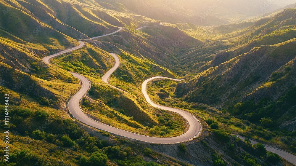 Aerial view of a winding mountain road in the mountains of Dagestan Aerial view of a winding mountain road in the mountains of Dagestan