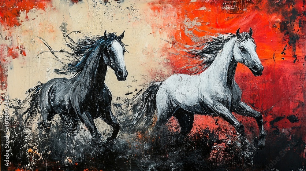 Modern abstract art on canvas. Different texture and color images. Animals, horses Modern abstract art on canvas. Different texture and color images. Animals, horses