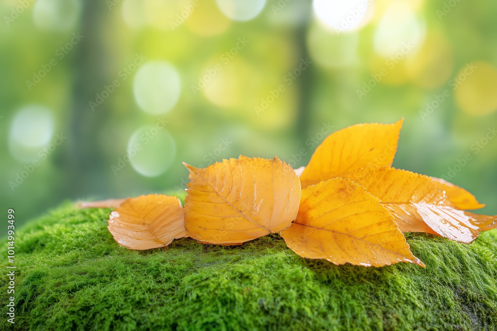 Golden autumn leaves resting on vibrant green moss in a tranquil forest setting Golden autumn leaves resting on vibrant green moss in a tranquil forest setting