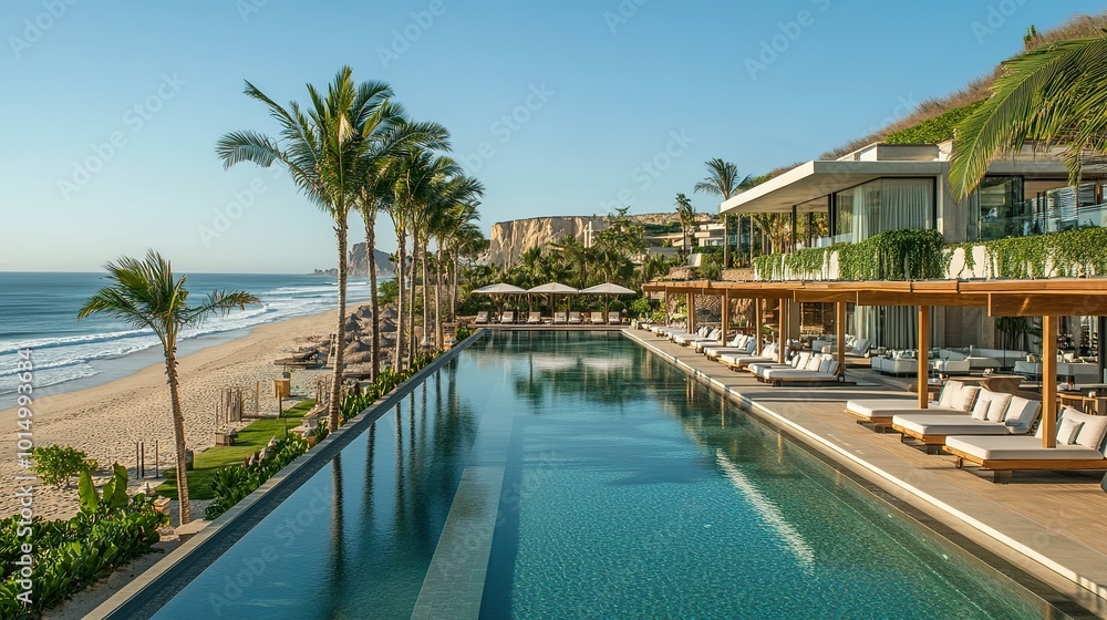 Exclusive resort-style luxury hotel with infinity pools, private cabanas, and a pristine beach backdrop Exclusive resort-style luxury hotel with infinity pools, private cabanas, and a pristine beach backdrop