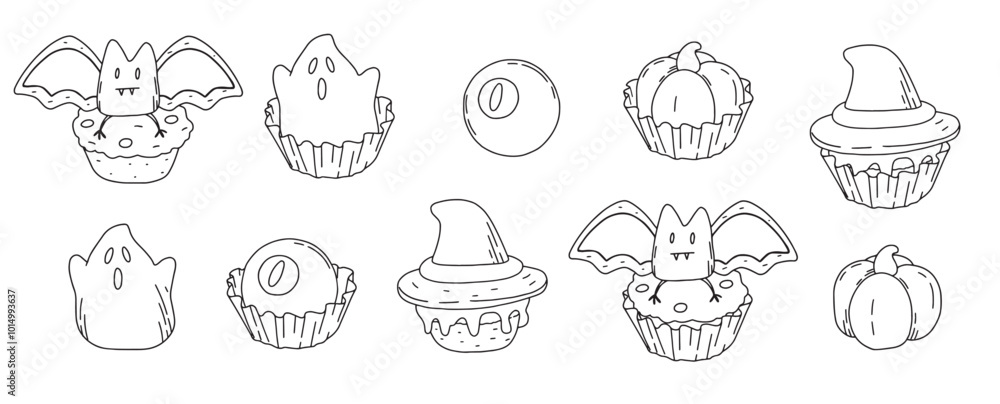 Obraz premium linear vector set of drawn various Halloween sweets and cupcakes