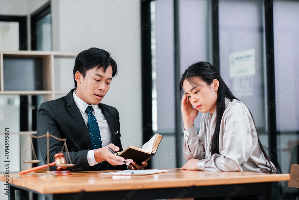 Professional lawyer consulting with a client in a modern office, discussing legal documents and providing advice. Professional lawyer consulting with a client in a modern office, discussing legal documents and providing advice.
