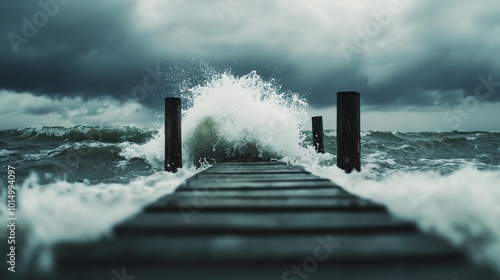 Violent waves crashing against a steel pier, spray shooting high, lowangle shot, stormy sky, overcast photo