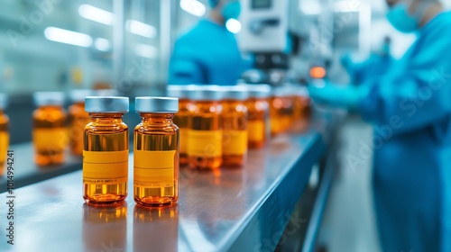 Wide shot of a pharmaceutical production line, workers in sterile clothing, bright lighting, focus on the machines filling vials with medicine