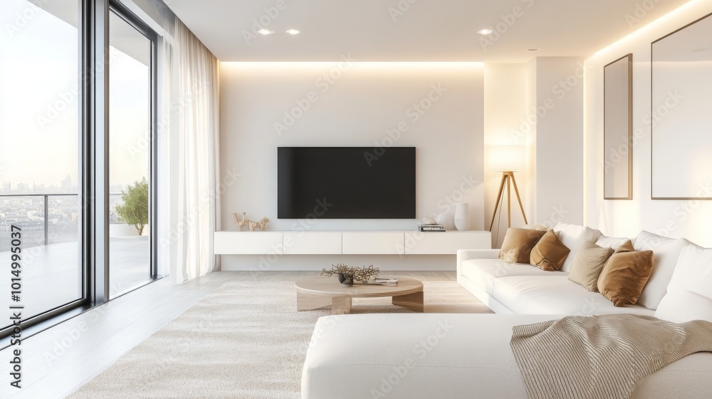A living room featuring a white sectional sofa with brown throw pillows and a blanket. There is a large flat-screen television mounted above a white cabinet A living room featuring a white sectional sofa with brown throw pillows and a blanket. There is a large flat-screen television mounted above a white cabinet