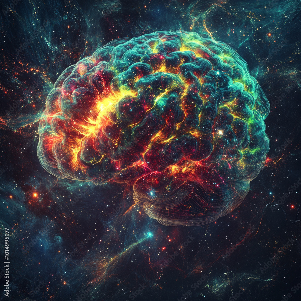 A colorful brain with a starry background. The brain is surrounded by a galaxy of stars, and the colors of the brain are vibrant and bright. Concept of wonder and curiosity about the brain A colorful brain with a starry background. The brain is surrounded by a galaxy of stars, and the colors of the brain are vibrant and bright. Concept of wonder and curiosity about the brain