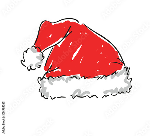 Hand drawn Christmas Santa red hat vector illustration, isolated white background