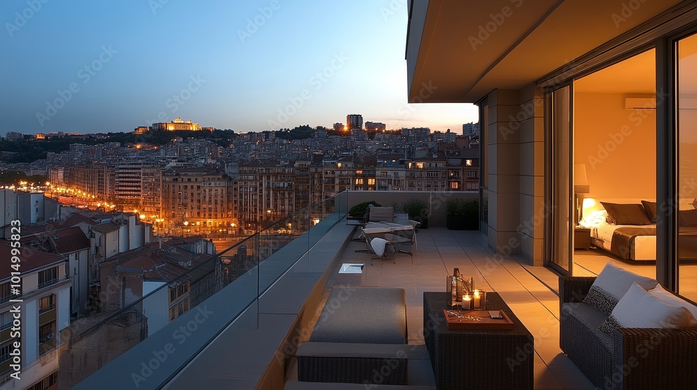 A serene balcony view overlooking a cityscape at dusk, featuring outdoor seating and a cozy atmosphere. A serene balcony view overlooking a cityscape at dusk, featuring outdoor seating and a cozy atmosphere.
