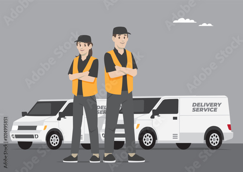 expedition delivery service man and woman with work jacket smiling and standing in front car