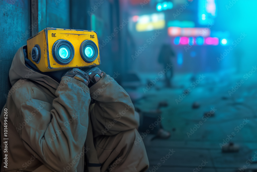 An old robot sits in a neon-lit urban alley at night An old robot sits in a neon-lit urban alley at night