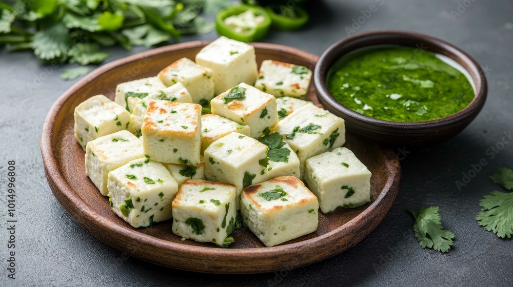 Paneer, tofu, feta, cheese cubes on a plate with green sauce and cilantro on kitchen table.