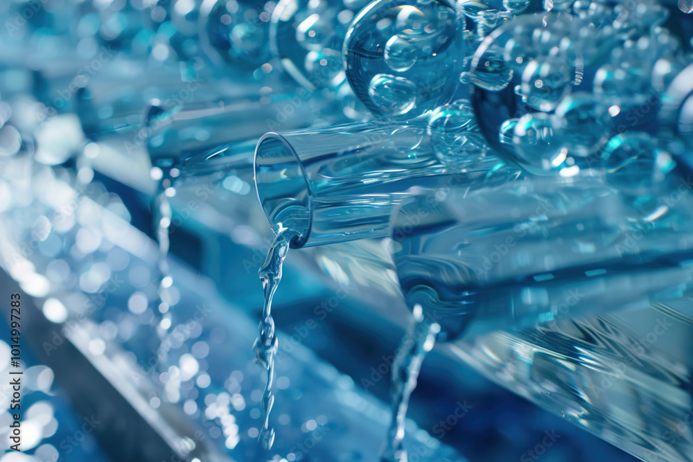 Seawater flowing through transparent filtration membranes, close-up view of desalination process, clean water emerging Seawater flowing through transparent filtration membranes, close-up view of desalination process, clean water emerging