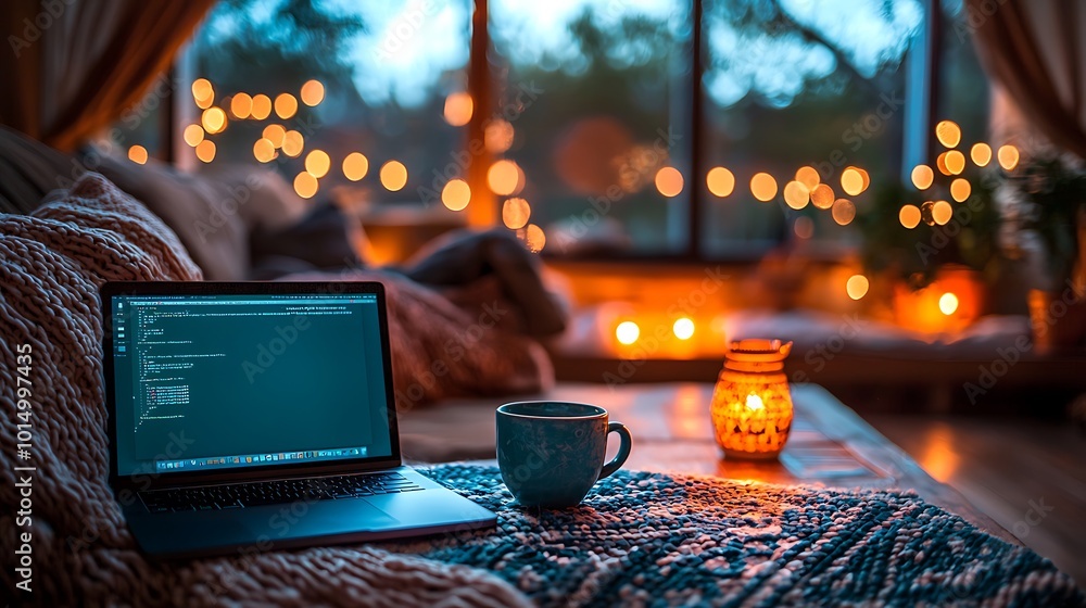 Cozy Home Office with Laptop Coffee and Warm Lights Cozy Home Office with Laptop Coffee and Warm Lights