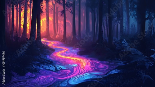 Magical Forest Stream with Vibrant Colors and Abstract Pattern