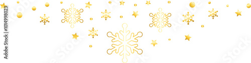 Gold snowflakes falling on transparent background. Golden snowflakes border with different ornaments. Luxury Christmas garland. Winter ornament for packaging, cards, invitations. Vector illustration