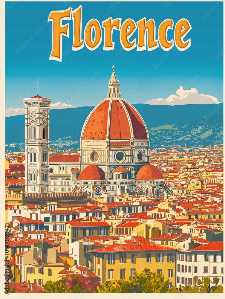 Obraz premium This vintage travel poster captures the enchanting skyline of Florence, showcasing its famous dome against a picturesque backdrop, inviting travelers to explore its rich history and culture.