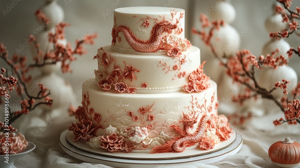 Elegant three-tier cake adorned with floral and dragon decorations. Elegant three-tier cake adorned with floral and dragon decorations.