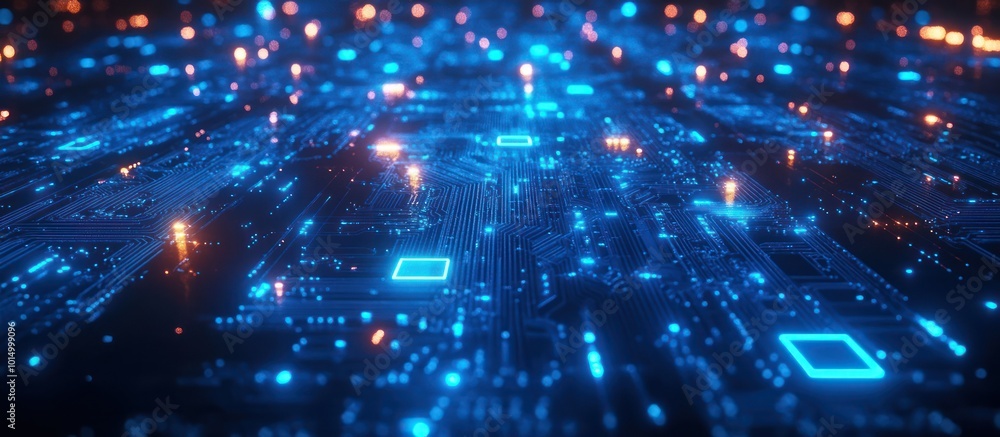 Abstract futuristic glowing circuit board background with blue and orange lights. Abstract futuristic glowing circuit board background with blue and orange lights.