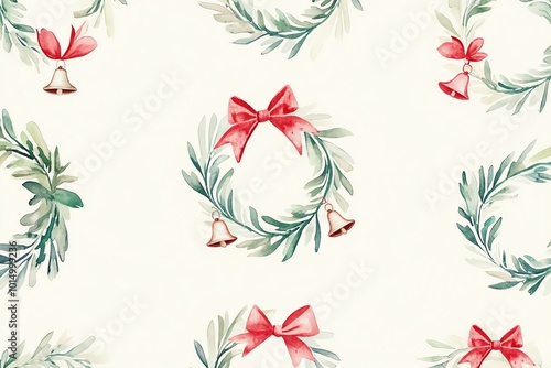 Simple watercolor Christmas wreaths with bells and bows, light green and red tones, floating on a soft cream background, seamless pattern