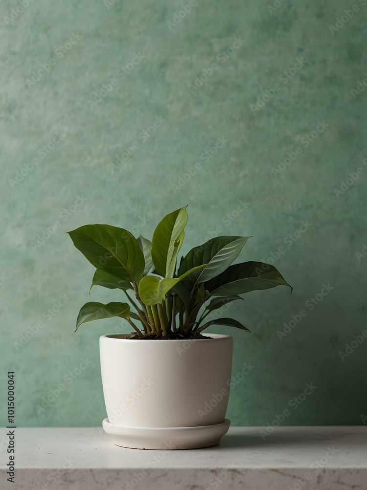 Pastel green background with a small houseplant in a white pot Pastel green background with a small houseplant in a white pot