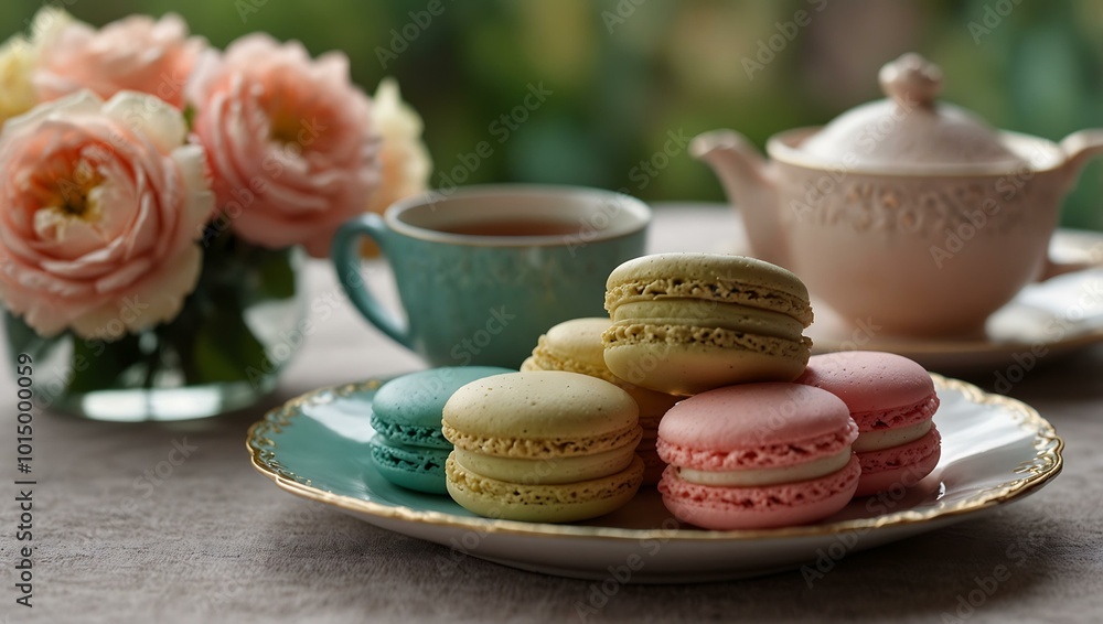 Obraz premium Pastel macarons and tea arranged for a cozy and elegant table setting.