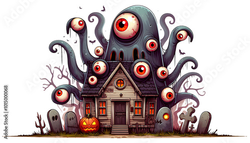 The Haunted House with Eyes and Mouth A Spooky Cartoon Illustration photo