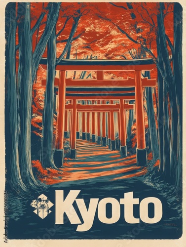 This vintage travel poster highlights Kyotos iconic torii gates surrounded by vibrant autumn foliage. The artwork invites travelers to explore this beautiful city. photo