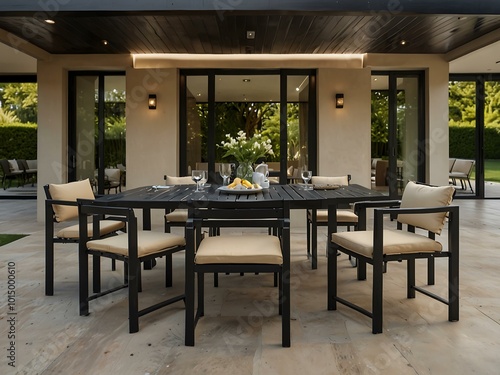 Patio dining set with black frame and beige cushions.