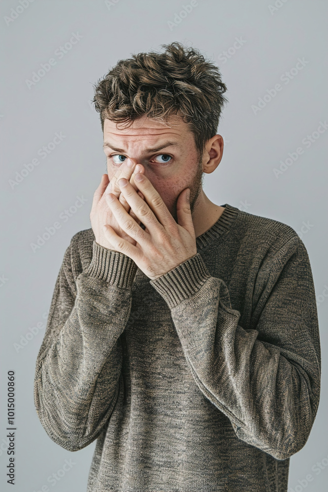 Man recoiling in disgust, covering nose, looking away from unpleasant odor, expression of revulsion Man recoiling in disgust, covering nose, looking away from unpleasant odor, expression of revulsion