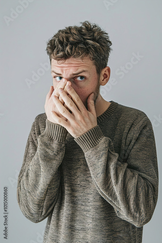 Man recoiling in disgust, covering nose, looking away from unpleasant odor, expression of revulsion