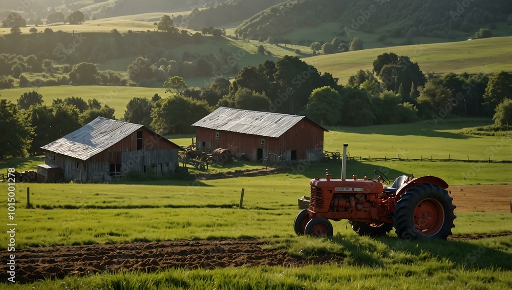 Fototapeta premium Peaceful rural scene with tractors and hills.