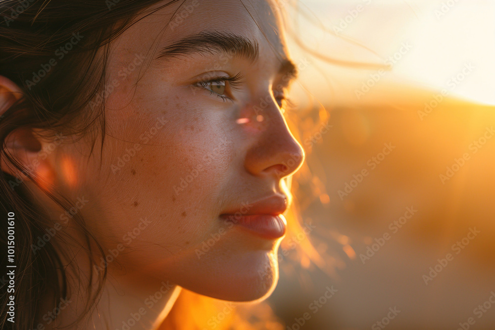Young woman gazing at sunrise, soft light illuminating her face, serene expression of hope Young woman gazing at sunrise, soft light illuminating her face, serene expression of hope
