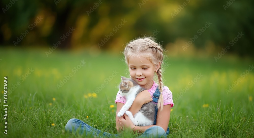 Little Girl Holding a Kitten in a Field of Grass Little Girl Holding a Kitten in a Field of Grass