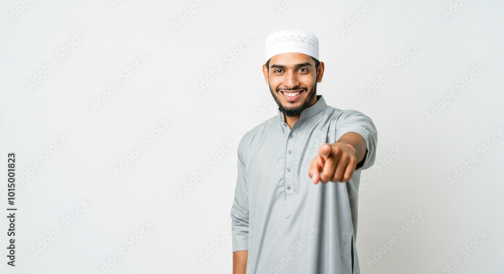 Muslim Man in Traditional Clothing Pointing at Camera with a Friendly Smile Muslim Man in Traditional Clothing Pointing at Camera with a Friendly Smile