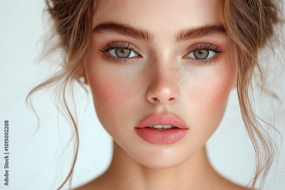 Obraz premium Woman with brown hair and green eyes. beautiful woman with pink lips and nails, a fashion model posing after a manicure on a white background, beauty style concept for the beauty industry