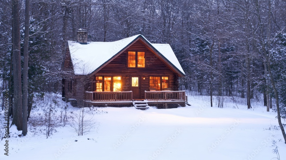 Cozy Cabin Nestled in Snowy Woods at Dusk Cozy Cabin Nestled in Snowy Woods at Dusk