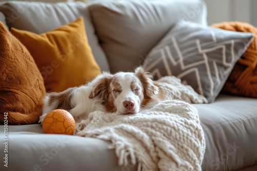 Cute, young, brown and white border collie dog sleeping on the white knitted blanket on the grey couch with grey and orange pillows. Orange ball lying next to the dog. Dog in focus. Warm, homy mood photo