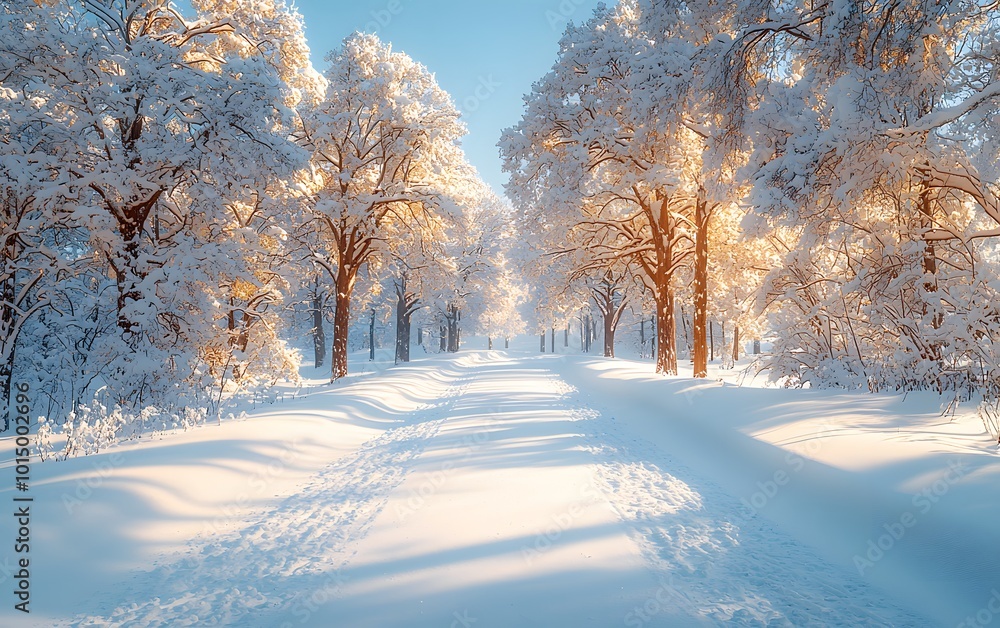 Tranquil winter wonderland: sunlit snow-covered path in a serene forest landscape