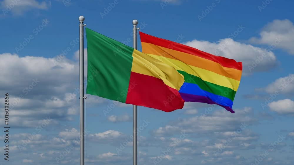 LGBT movement flag also Gay Pride and Benin two flags waving cycle looped video, tolerance conception in country LGBT movement flag also Gay Pride and Benin two flags waving cycle looped video, tolerance conception in country