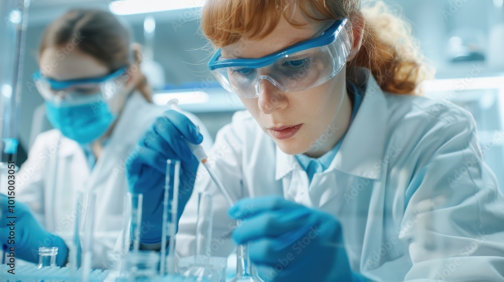 A scientist in safety goggles and gloves carefully conducting an experiment with a pipette in a laboratory. Another researcher is visible in the background. A scientist in safety goggles and gloves carefully conducting an experiment with a pipette in a laboratory. Another researcher is visible in the background.