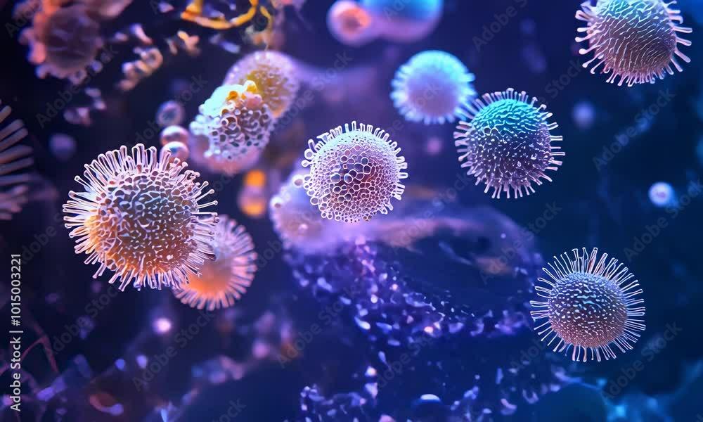 A microscopic view of a virus with intricate details and vibrant colors against a dark background. A microscopic view of a virus with intricate details and vibrant colors against a dark background.