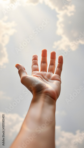 The hand opened up from heaven To welcome prayer to God background Style Double exposure isolated with white highlights, png