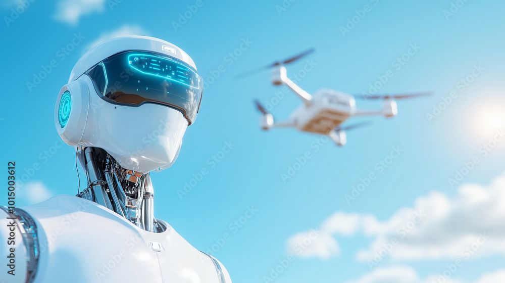 Fototapeta premium A futuristic robot with a sleek design stands outdoors as a drone flies overhead during the day