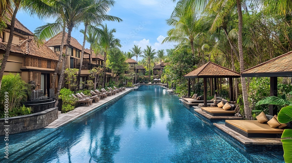 Obraz premium Tropical resort-style hotel surrounded by palm trees, infinity pools, and luxury cabanas by the beach