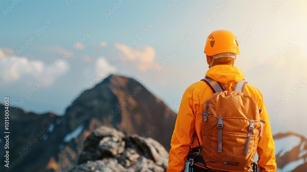 A mountain climber in bright orange gear and helmet stands on a rocky outcrop, gazing at a distant peak during sunrise. The scene captures adventure and exploration. A mountain climber in bright orange gear and helmet stands on a rocky outcrop, gazing at a distant peak during sunrise. The scene captures adventure and exploration.