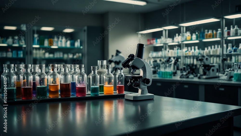 Pharmaceutical lab highlighting medical advancements with pills and microscopes. Pharmaceutical lab highlighting medical advancements with pills and microscopes.