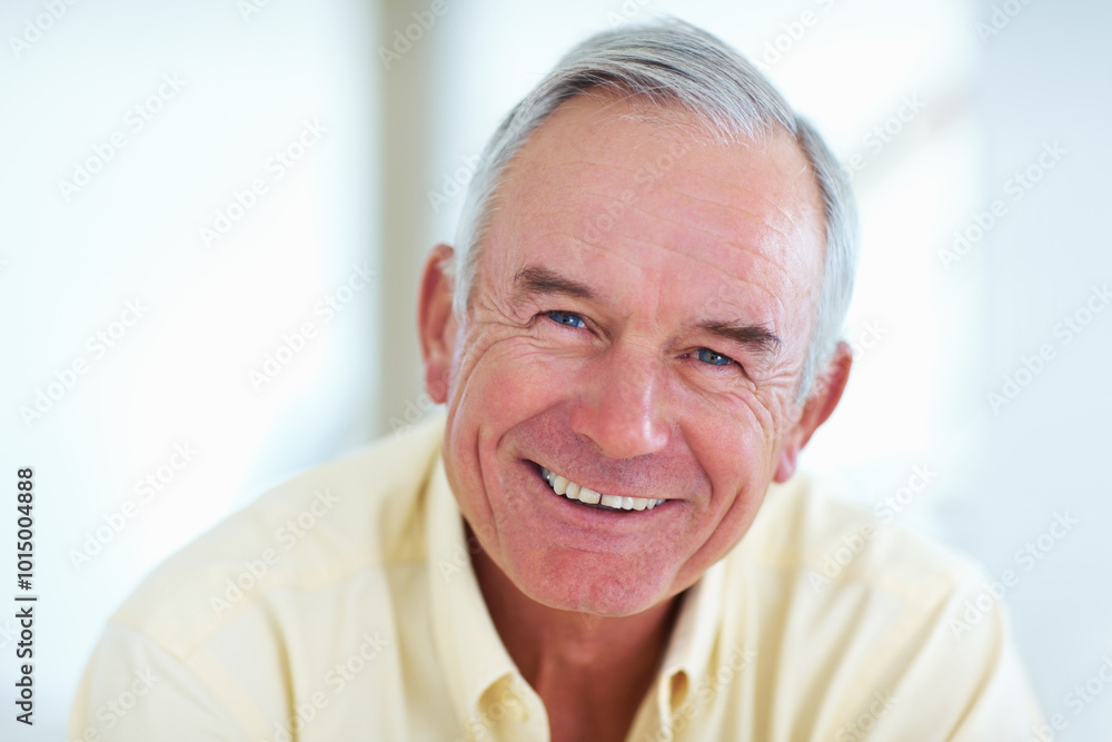 Senior man, portrait and happy for retirement, weekend or relax on sofa in home with good health. Elderly person, face and smile for comfort, peace or break on couch in living room with positive mood Senior man, portrait and happy for retirement, weekend or relax on sofa in home with good health. Elderly person, face and smile for comfort, peace or break on couch in living room with positive mood