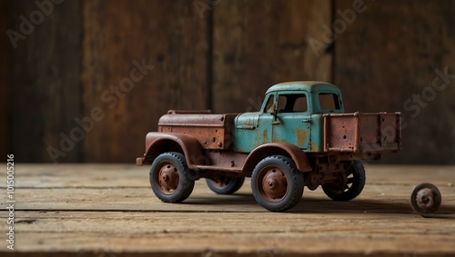 Photos of a rusty iron toy truck on a wooden table.