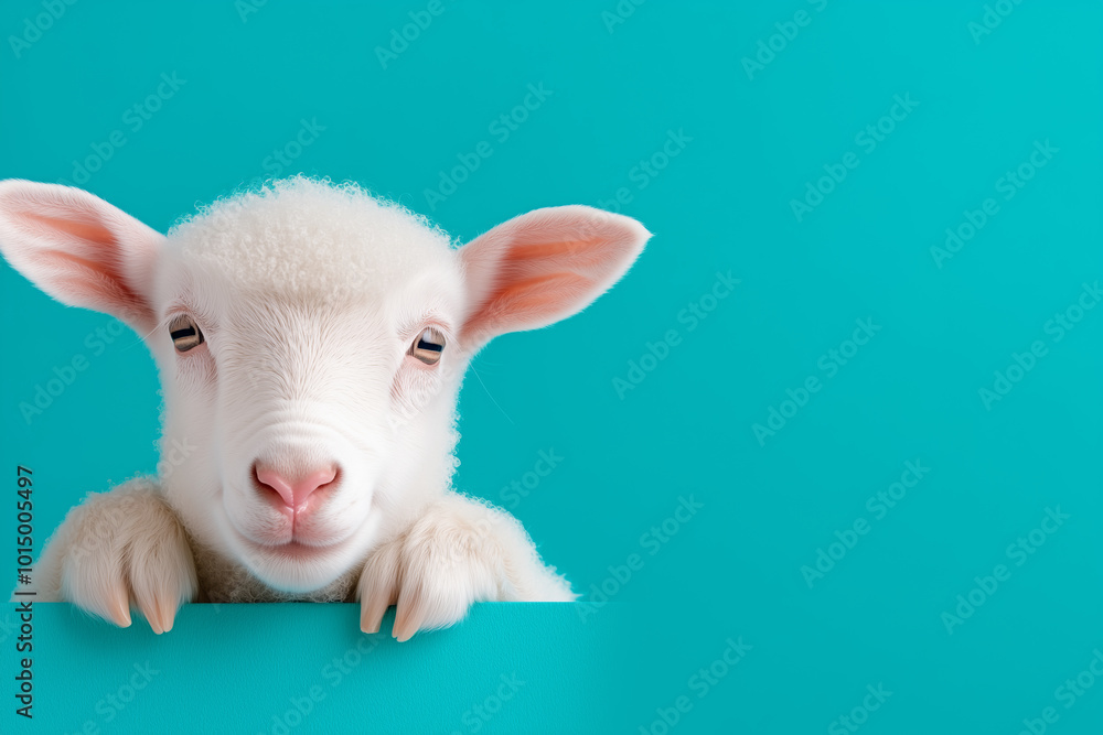 Fototapeta premium Cute white lamb peeking over a bright blue background in a playful setting