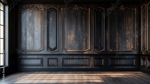 A dark brown wainscoting wall design, wood wall panels, a classic interior and luxurious moldings on an empty background.
